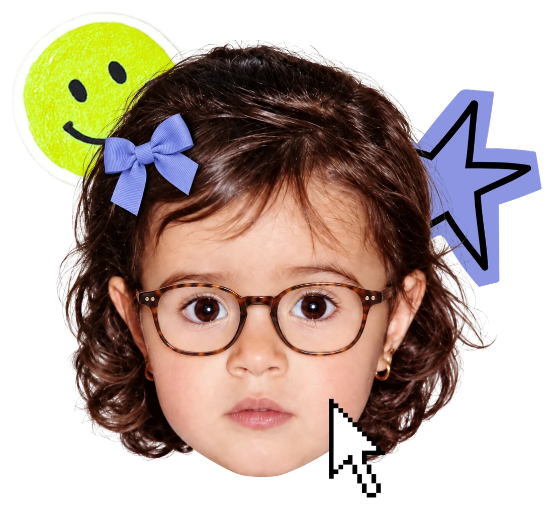 Ximena de niña, founder de Borah, con moño periwinkle, lentes de carey y stickers